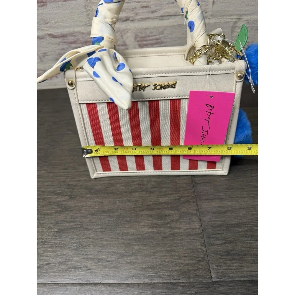 Betsey Johnson NWT Red White Stripe Blueberry Pom Pom Satchel Crossbody Bag